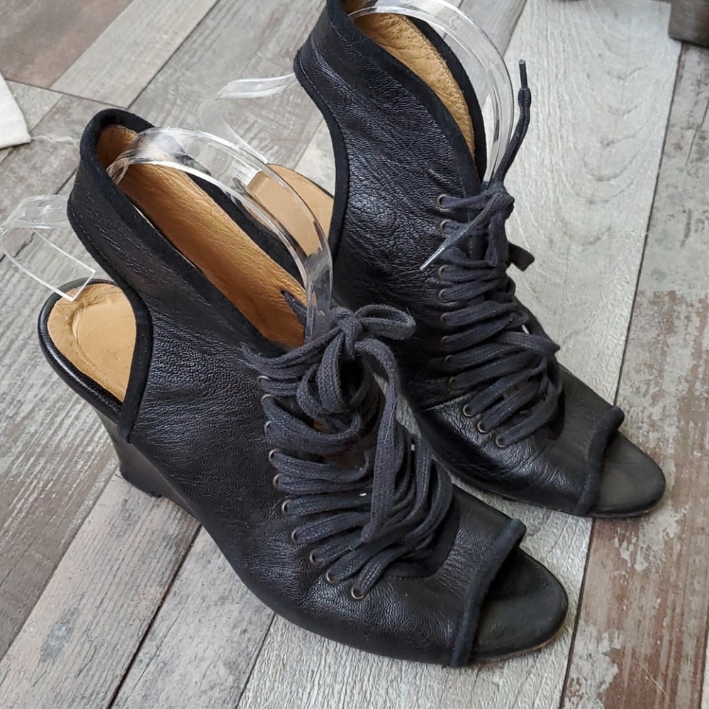 🖤🎁🖤 Acne Pose black leather lace up wedges 38 🖤🎁🖤 - Picture 2 of 8
